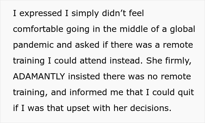 Boss Wanted Employees To Attend Training In Person Despite Quarantine, Employee Exposes Her Lies By Contacting The Training Organizers Boss Wanted Employees To Attend Training In Person Despite Quarantine, Employee Exposes Her Lies By Contacting The Training Organizers