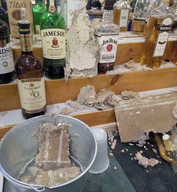 I Messaged My Boss That There Was A Small Leak, And He Told Me To Put A Bucket Under It. A Few Hours Later, The Ceiling Tiles Collapsed During A Rush