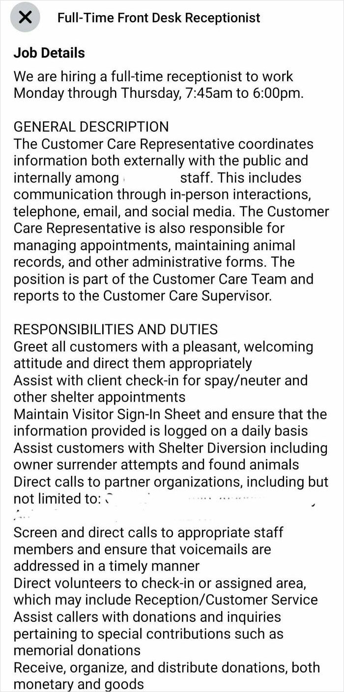 Wanted: Receptionist/Office Manager/Social Media Manager With A College Degree, Availability On Weekends And Holidays, And Willingness To Work With Abusive People And Vicious, Diseased And/Or Dead Animals. Pay: $8.50 An Hour