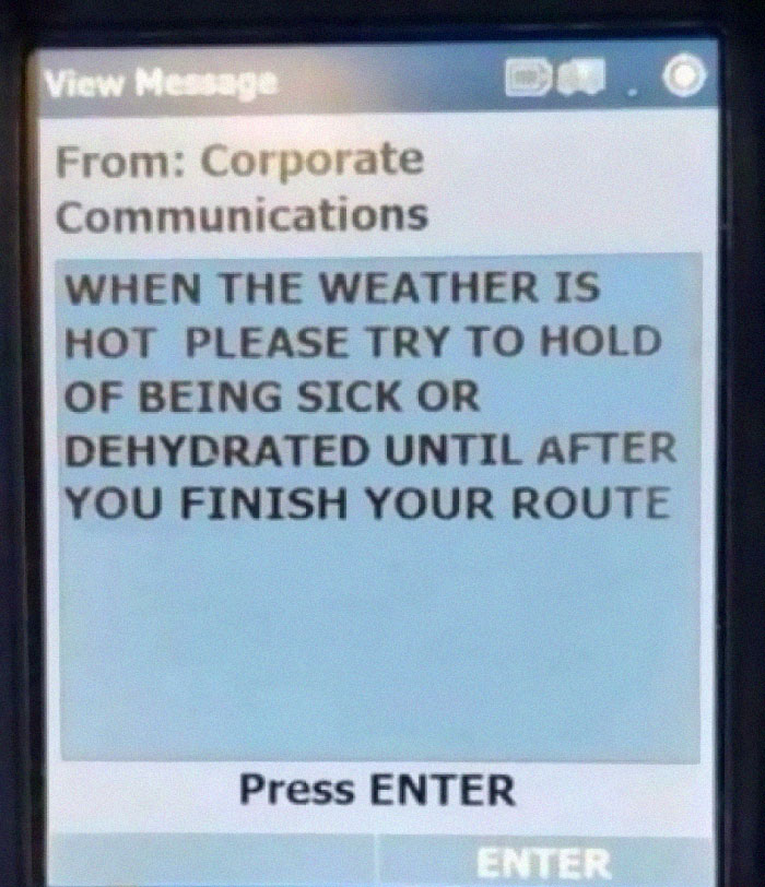 Trabajo para USPS. A la empresa le gusta enviar mensajes casi todos los días a los transportistas. Este fue el mensaje de hoy