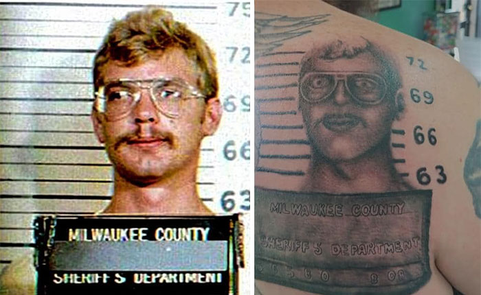 Mugshot tattoo fail, shows inaccurate depiction of famous photo on person's back.