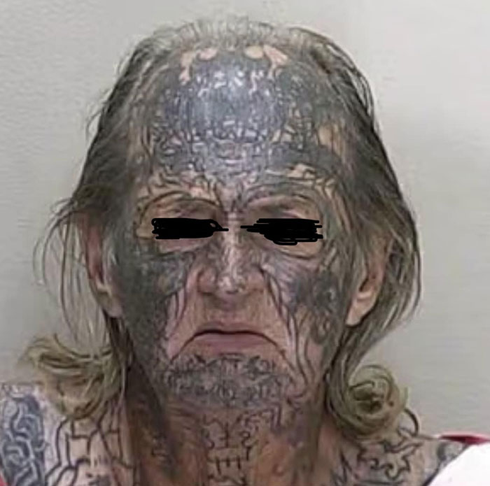 Elderly person with a face full of tattoos, reflecting an example of hilariously bad tattoos.