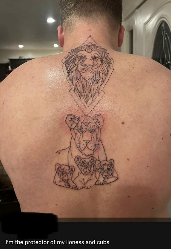 Back tattoo of a poorly drawn lion family, humorously inkshamed online.