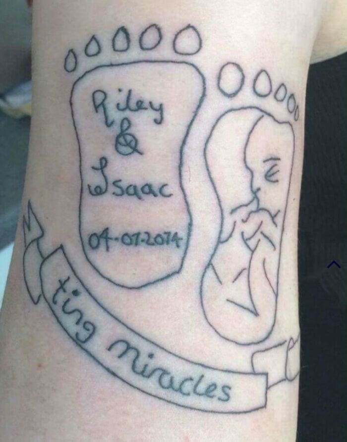 Bad tattoo with baby feet, names, date, and an incomplete phrase.