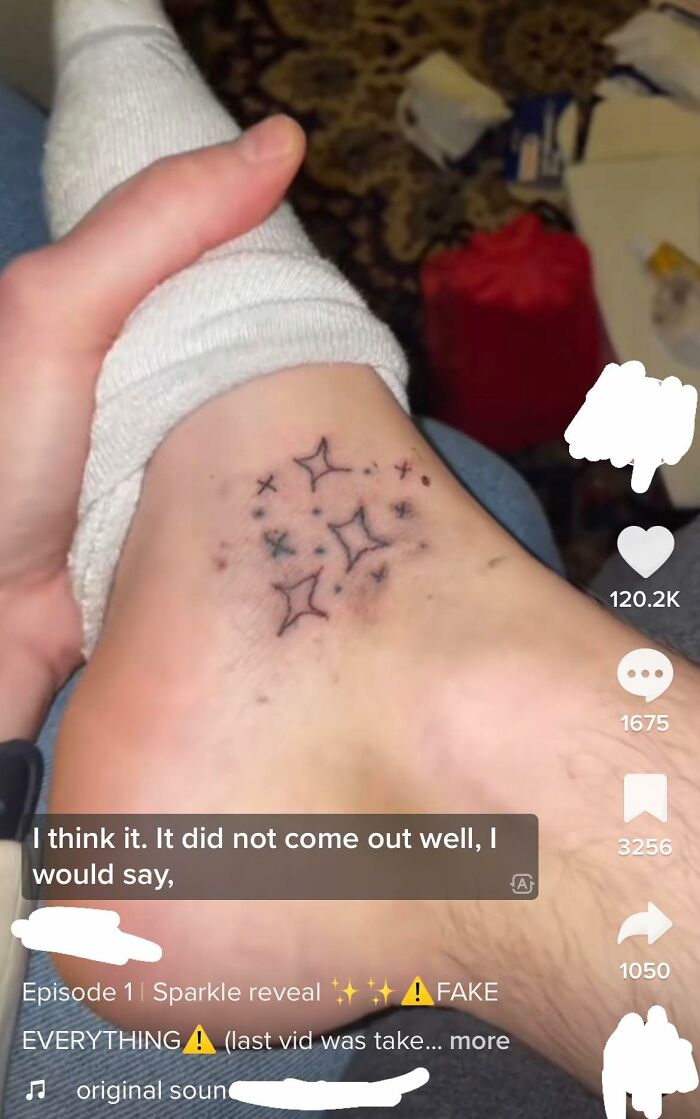 Bad tattoo on foot with uneven star shapes, surrounded by humorous TikTok comments.