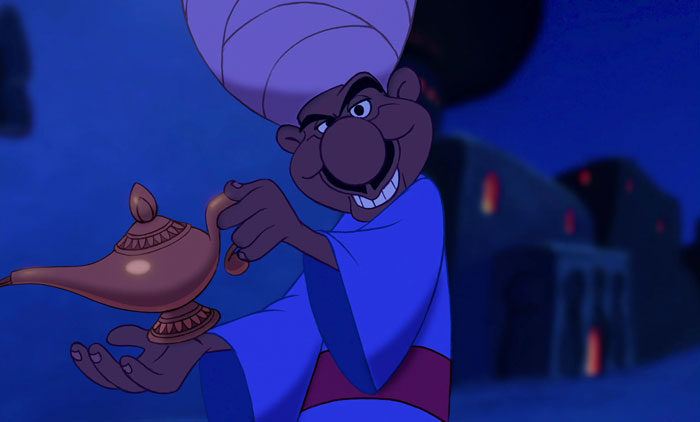Cartoon character holding a magic lamp with a mischievous expression in a nighttime setting.