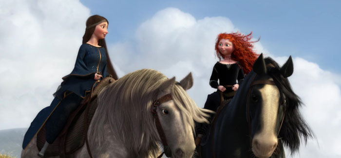 Two cartoon characters riding horses, engaged in conversation.