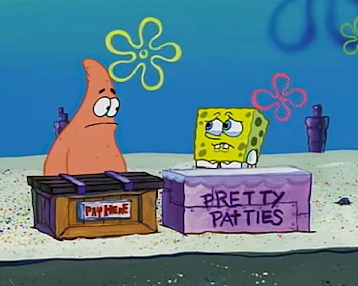 Cartoon characters with a box labeled "Pretty Patties" and a "Pay Here" sign in a sandy environment.