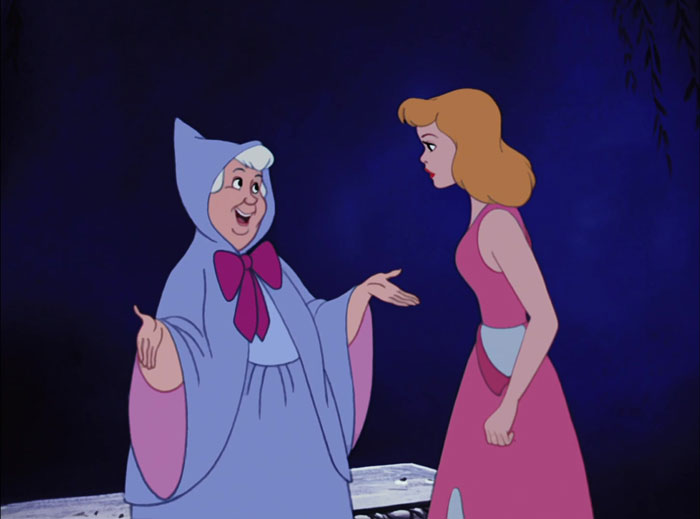 Fairy godmother and princess interacting, representing cartoon quotes fitting real life situations.