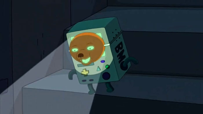 BMO character from a cartoon shines light on stairs, depicting a versatile real-life situation.