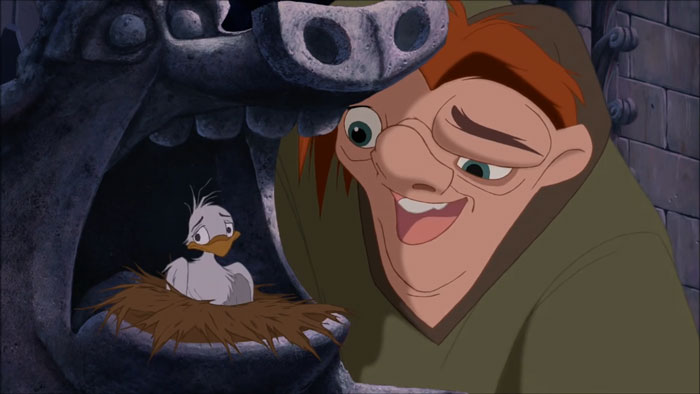 Cartoon character smiling at a small white bird in a nest, capturing a relatable life moment.