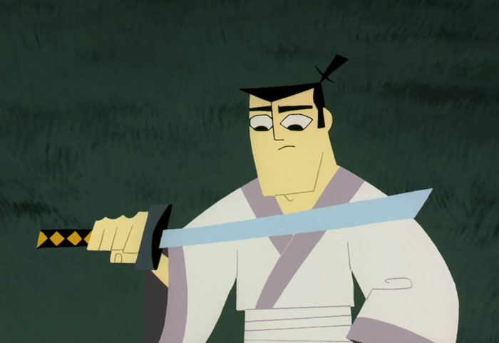 Samurai character holding a sword thoughtfully, embodying cartoon quotes for real life situations.