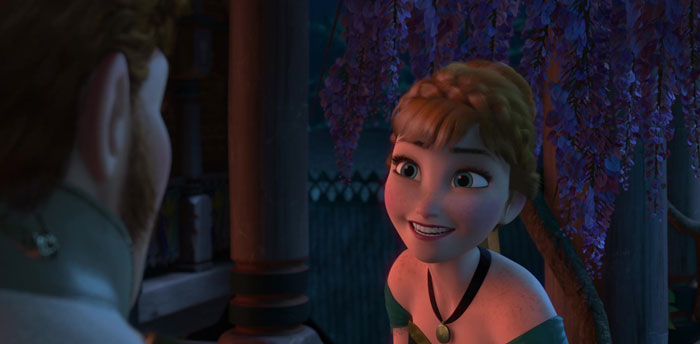 Cartoon character smiling under purple blossoms, fitting real life situations.