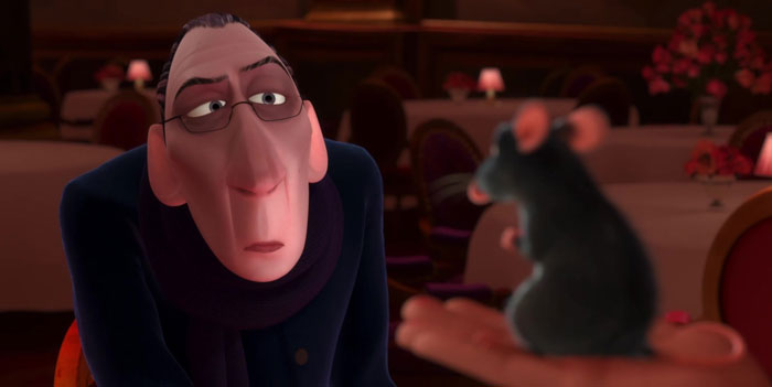 Animated character with glasses converses with a small rat in a restaurant setting, illustrating cartoon quotes in real life.