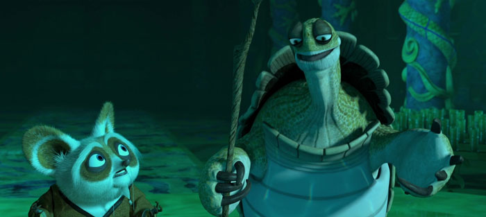 Two animated characters exchanging cartoon quotes in a dimly lit scene.