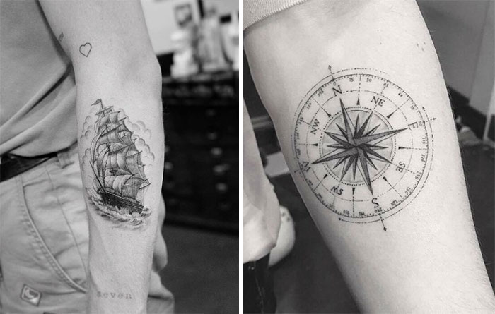 Two celebrity tattoos: one features a sailing ship on an arm, the other is a detailed compass rose on another person's arm.