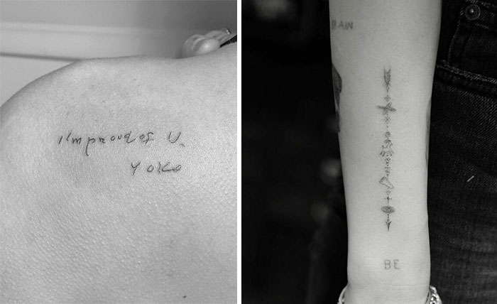 Close-up of celebrity tattoos on shoulder and forearm, featuring unique designs and scripts.