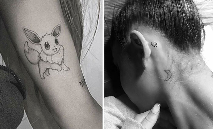 Celebrity tattoo ideas: Eevee arm tattoo and small moon behind ear.