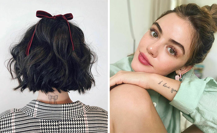 Two celebrity tattoos: a butterfly on the neck and an "I love you" wrist script.