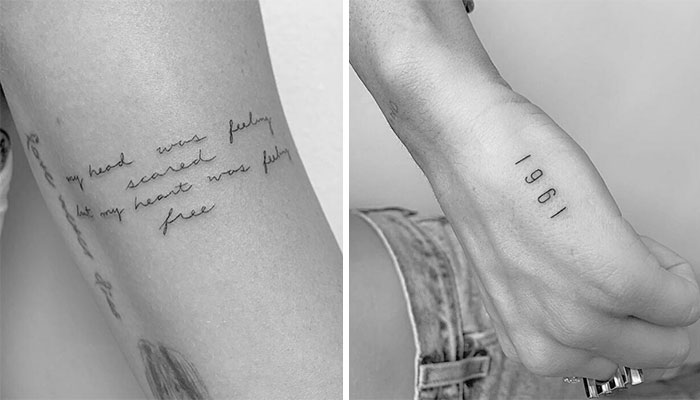 Celebrity tattoos featuring script on an arm and the number 1961 on a wrist, displayed in black ink.