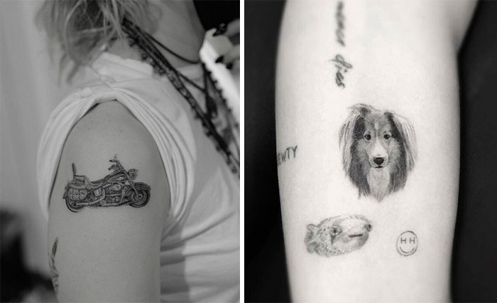 Celebrity tattoos featuring a motorcycle and various animal designs on arms in black and white.