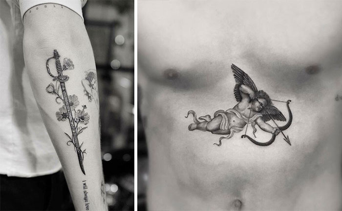 Celebrity tattoos featuring a dagger and flowers on an arm, and a cherub with wings on a chest, showcasing tattoo art.