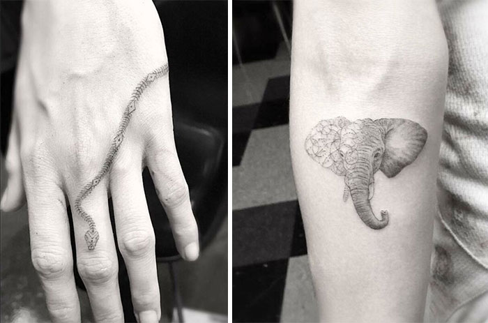 Celebrity tattoos showing a snake on a hand and an elephant on an arm in black ink designs.