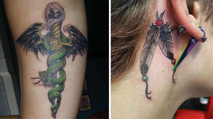 Unique celebrity tattoos featuring a snake and feather design, ideal for inspiration at your next tattoo appointment.