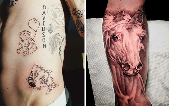Celebrity tattoos featuring a bear with a balloon, a wolf, and a detailed unicorn on an arm.