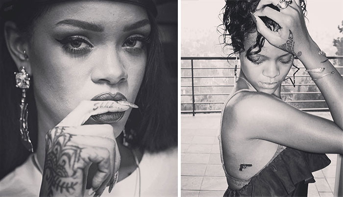 Celebrity tattoos on display in black and white, featuring hand and side designs.