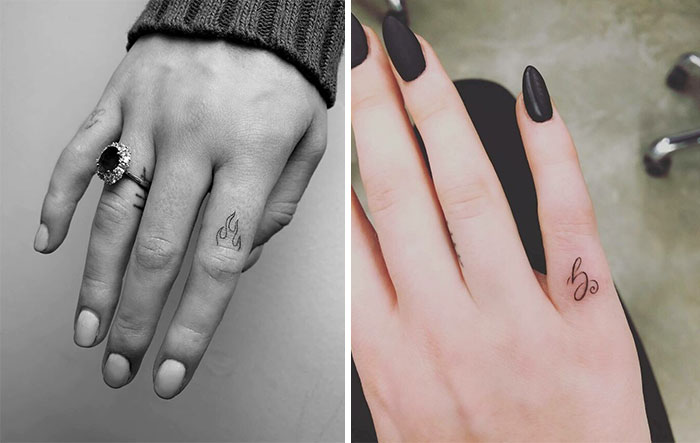 Close-up of two celebrity-inspired finger tattoos, one with a flame design and the other with a letter "b" motif.
