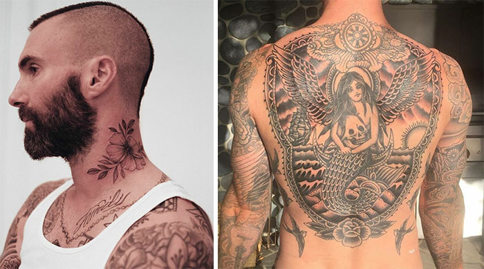 Celebrity tattoos featuring floral neck art and an intricate mermaid back design.