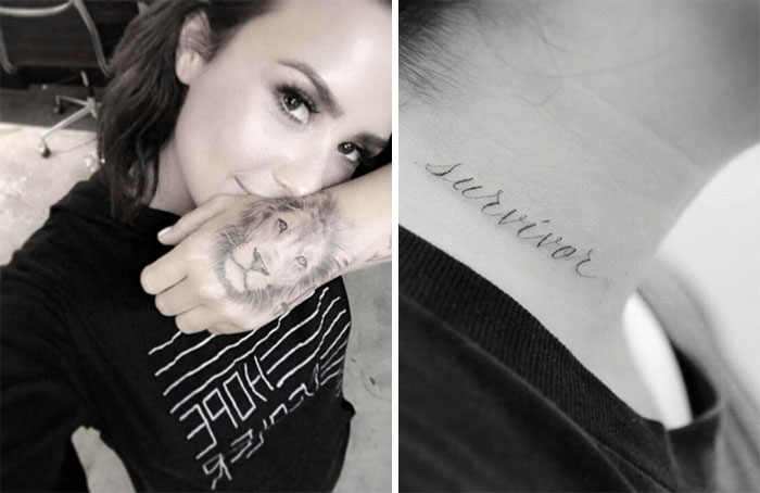 Celebrity tattoos: a lion on hand and "survivor" on neck.