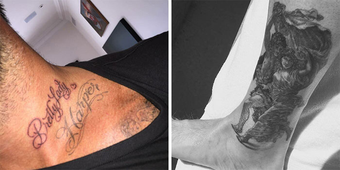 Celebrity tattoos featuring a chest script design and a detailed ankle art piece.