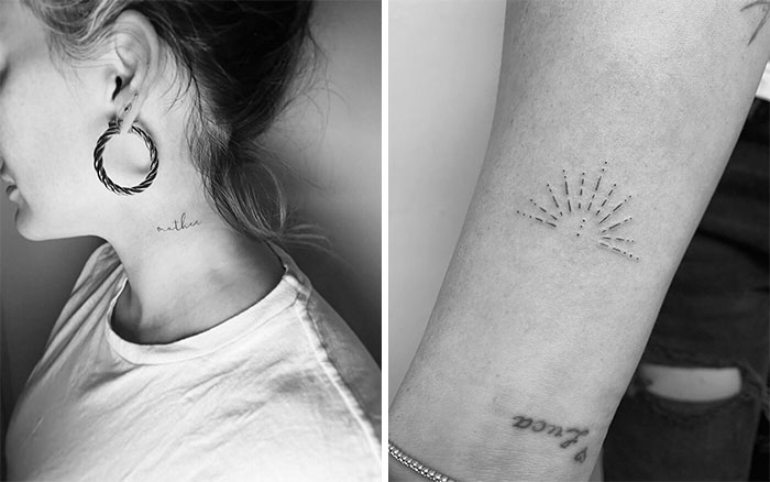 Celebrity tattoos featuring a delicate neck script and a forearm sunburst design.