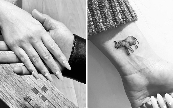 Celebrity tattoos: delicate finger dots, elephant wrist tattoo in black and white.