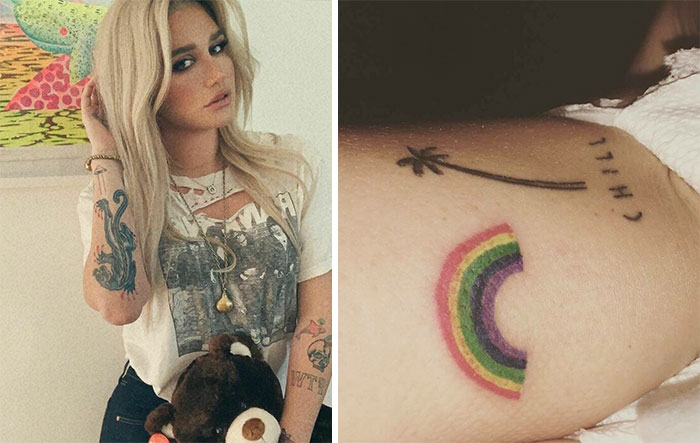 Celebrity tattoos featuring a woman with arm ink and a close-up of a rainbow and palm tree tattoo on another person’s arm.
