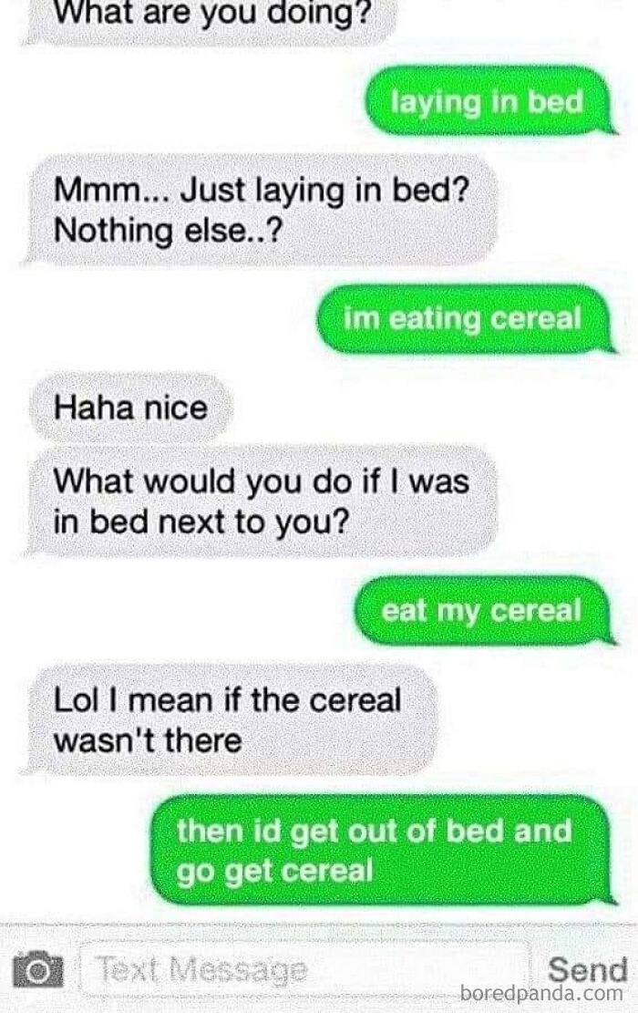 Text conversation meme about being single, focusing on eating cereal instead of romantic interest.