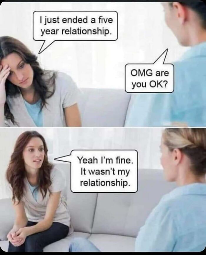 Woman in conversation about relationship ending meme, highlighting humor on being single.