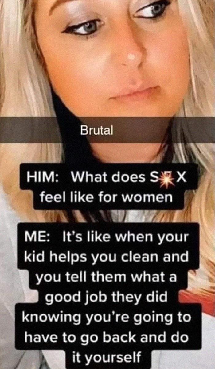 Woman reacting to a humorous meme about relationships with the text overlay "Brutal."