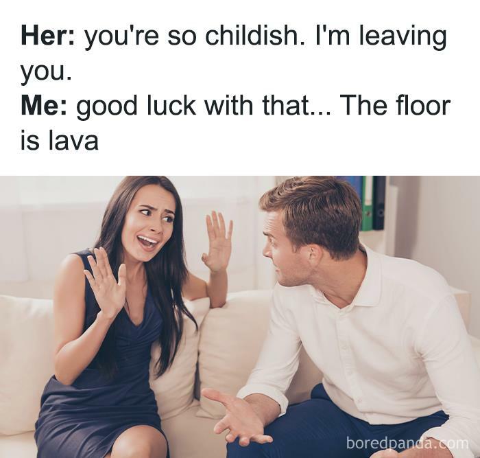 A couple arguing humorously about childish behavior; a meme highlighting why relationships can be challenging.