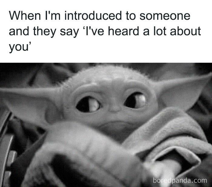 Cute character meme about relationships with skeptical expression, captioned "I've heard a lot about you."