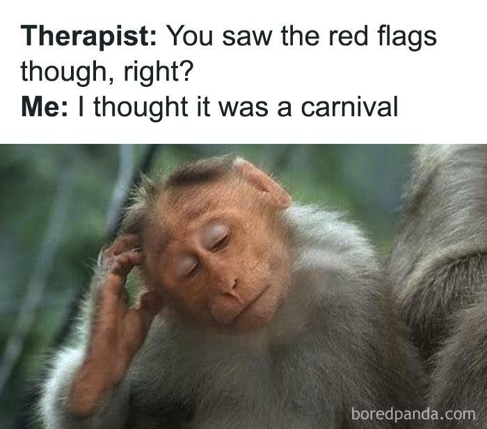 Monkey meme about misinterpreting red flags as a carnival, highlighting humor in being single.