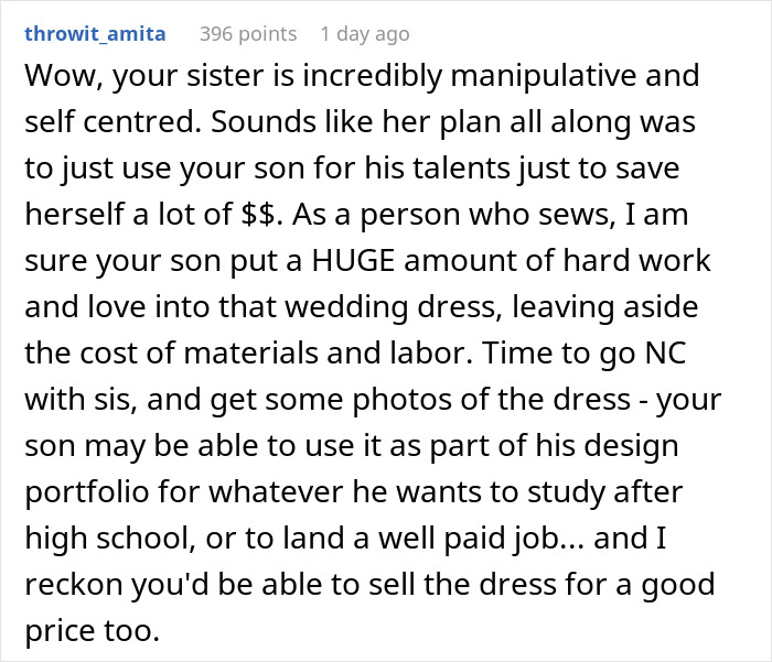 Teenager Spends Loads Of Time Making His Aunt's Wedding Dress Worth $22k-$25k For Free, She Doesn't Even Invite Him