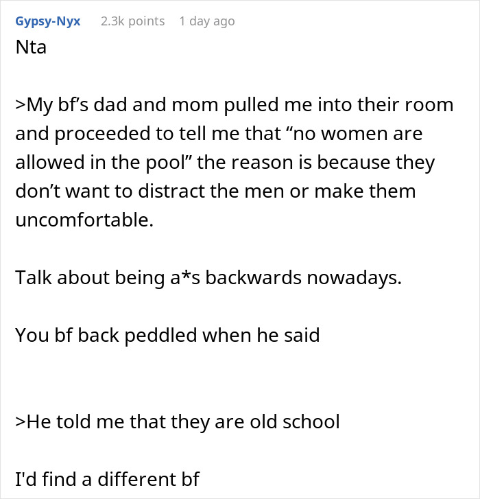 Woman Was About To Check Out In-Laws' New Pool, Only To Learn Women Are Not Allowed To Use It, Refuses To Ever Come Back Woman Was About To Check Out In-Laws' New Pool, Only To Learn Women Are Not Allowed To Use It, Refuses To Ever Come Back