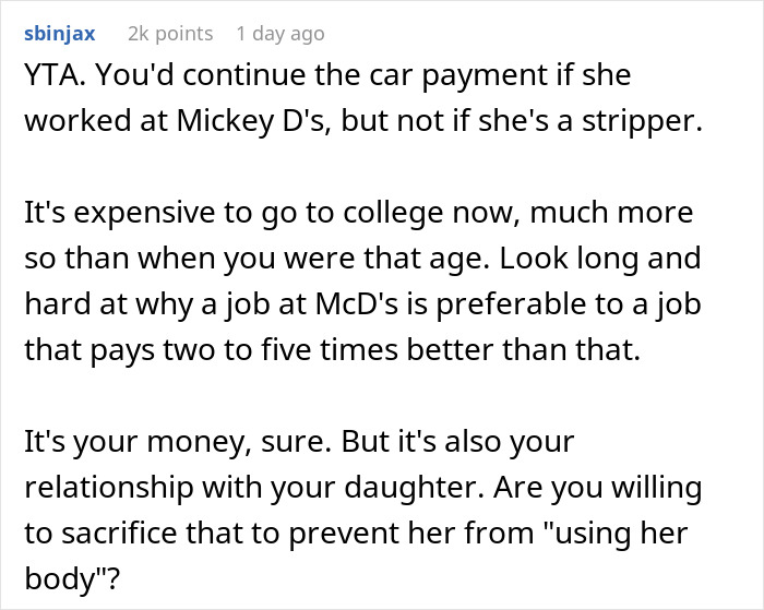 22 Y.O. Daughter Doesn't Want To Leave Her Stripper Job Since It's 'Easy Money', Dad Ends Up Refusing To Help Her With Car Payments 22 Y.O. Daughter Doesn't Want To Leave Her Stripper Job Since It's 'Easy Money', Dad Ends Up Refusing To Help Her With Car Payments