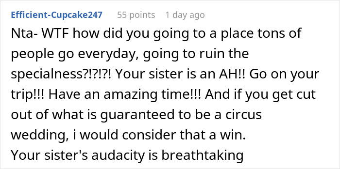 Woman Refuses To Change The Destination Of Her And Her BF&rsquo;s Getaway After Learning Sister &ldquo;Plans&rdquo; To Spend Her Honeymoon There