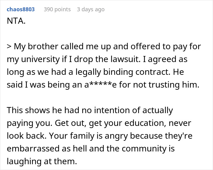 Family Are Furious With Daughter After She Sues Them For Stealing Her College Fund So Their Son Could Have A Grand Wedding