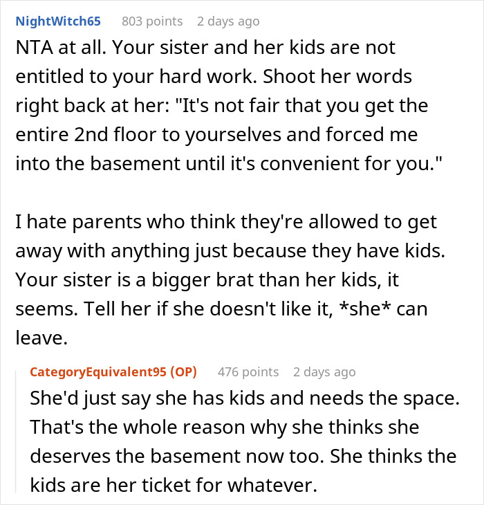 Mom Takes The Whole 2nd Floor For Her And Her 3 Kids, Leaves Sister With Horrible Basement, Drama Ensues When She Fixes It Up And Makes It Really Nice Mom Takes The Whole 2nd Floor For Her And Her 3 Kids, Leaves Sister With Horrible Basement, Drama Ensues When She Fixes It Up And Makes It Really Nice