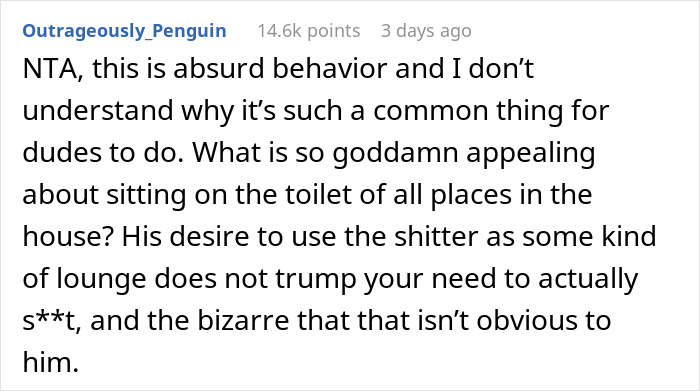 Guy Calls Wife A Jerk For Trying To Control His Bathroom Time, The Internet Says That He's The One Who Needs A Reality Check